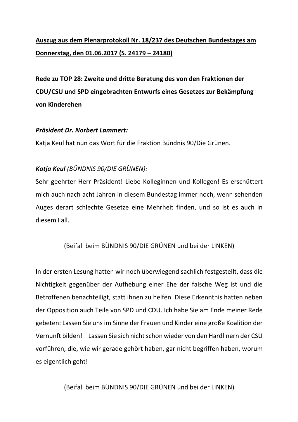 Auszug Aus Dem Plenarprotokoll Nr. 18/237 Des Deutschen Bundestages Am Donnerstag, Den 01.06.2017 (S