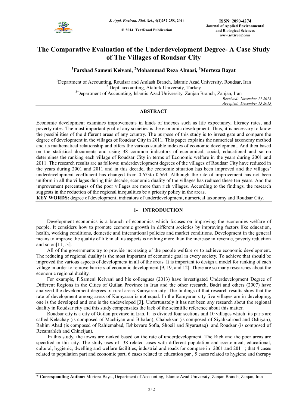 The Comparative Evaluation of the Underdevelopment Degree- a Case Study of the Villages of Roudsar City
