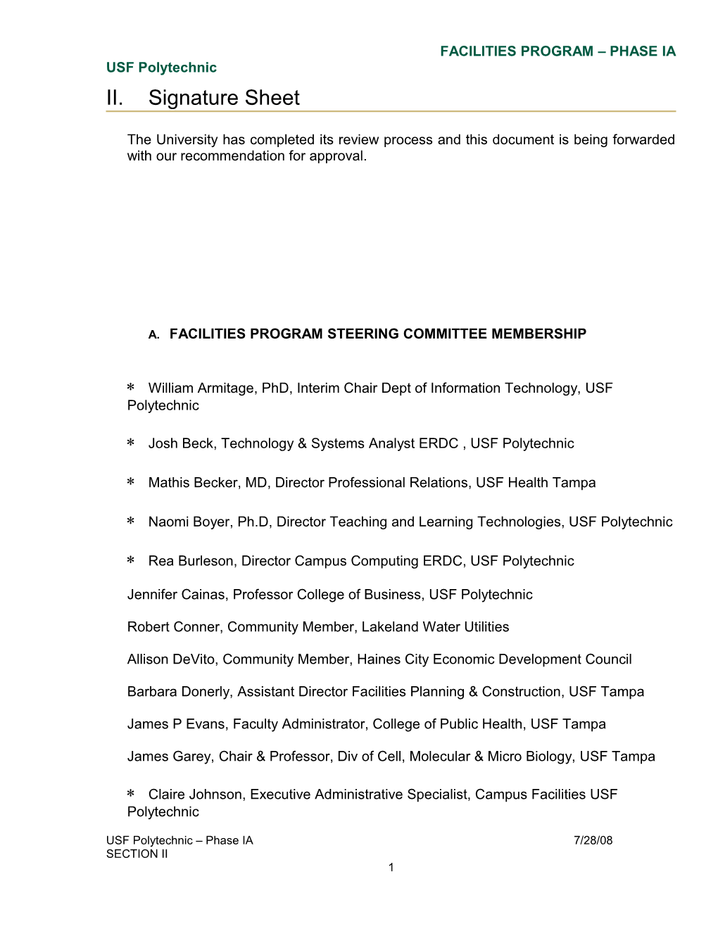 A. Facilities Program Steering Committee Membership