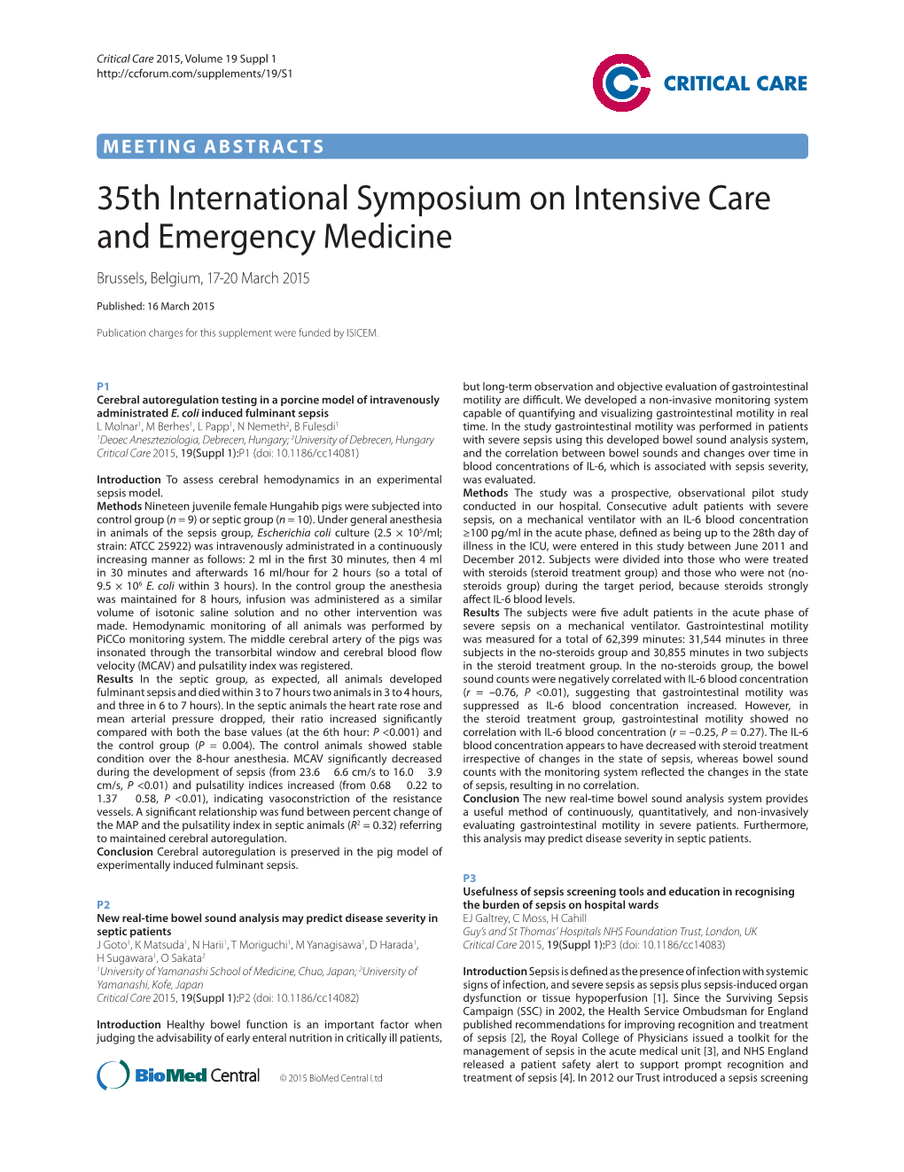 35Th International Symposium on Intensive Care and Emergency Medicine Brussels, Belgium, 17-20 March 2015