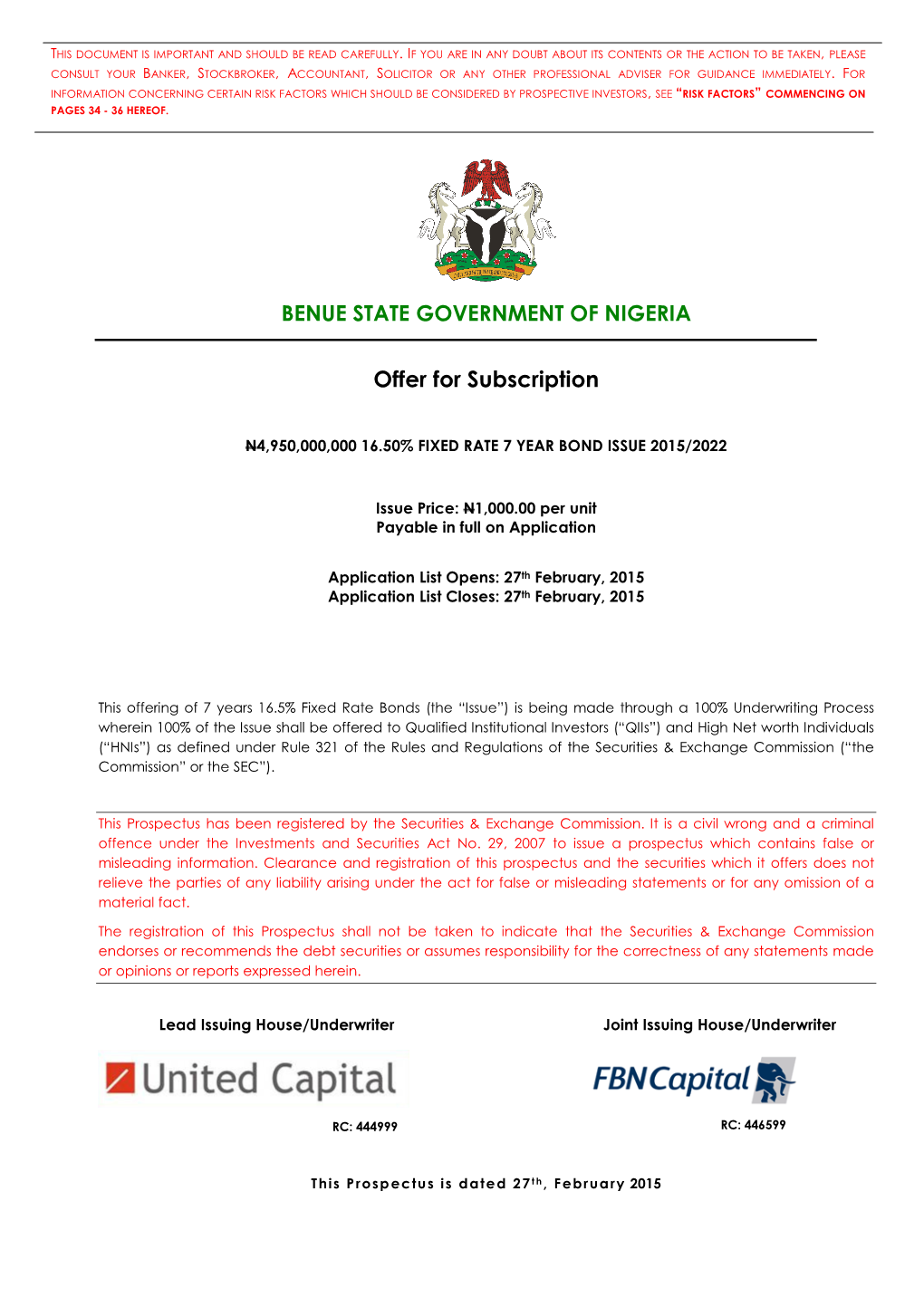 BENUE STATE GOVERNMENT of NIGERIA Offer for Subscription