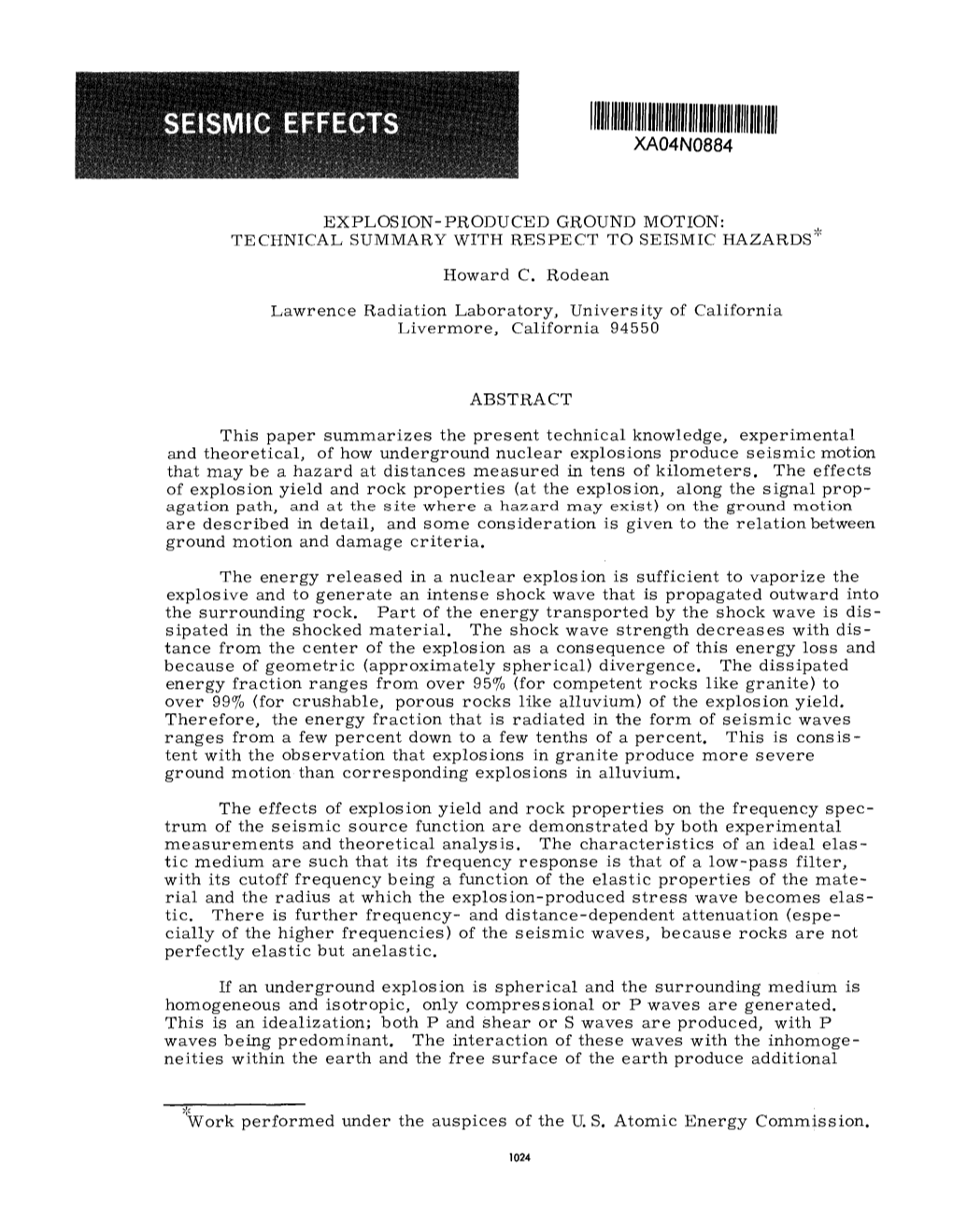 Explosion-Produced Ground Motion: Technical Summary with Respect to Seismic Hazards*