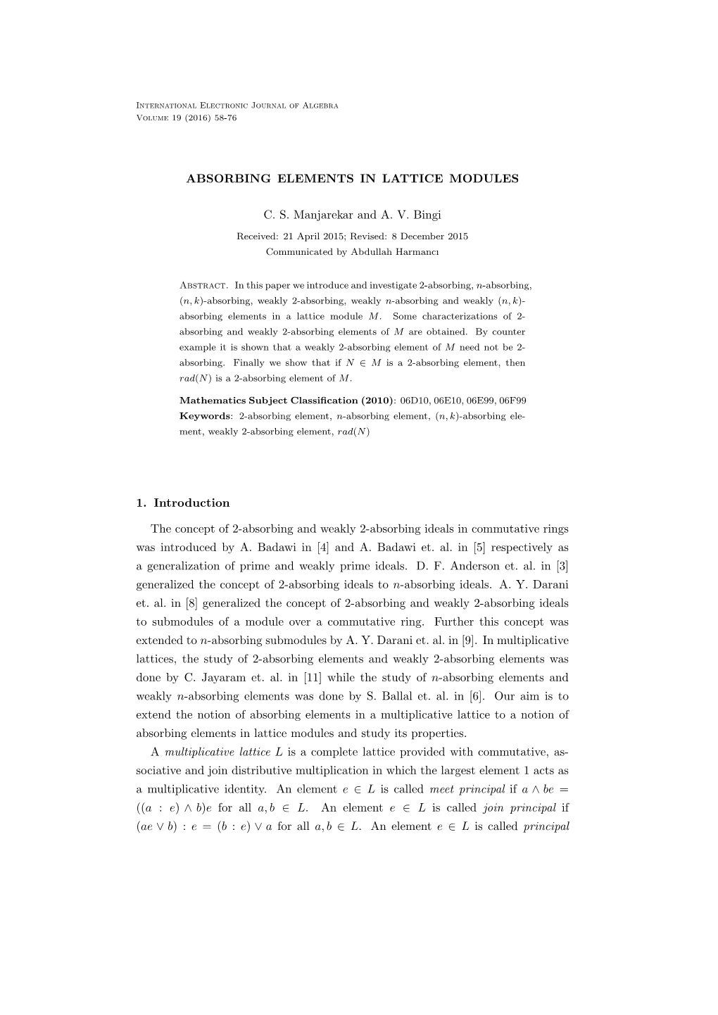 ABSORBING ELEMENTS in LATTICE MODULES C. S. Manjarekar And