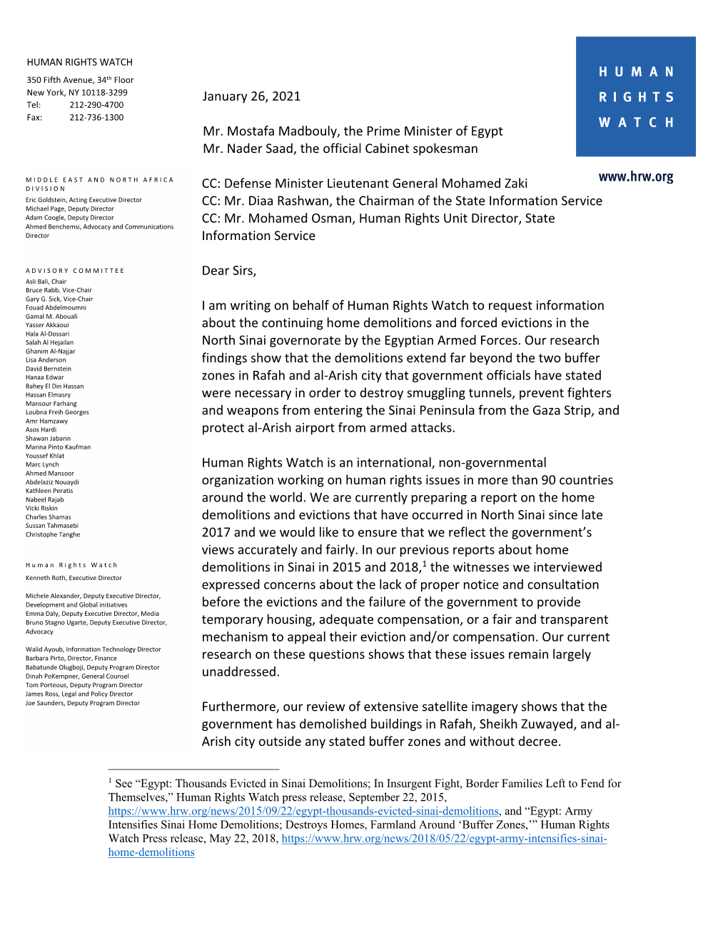 Gl.2021.01.11.Sinai Demolitions Letter to Egypt Prime Minister