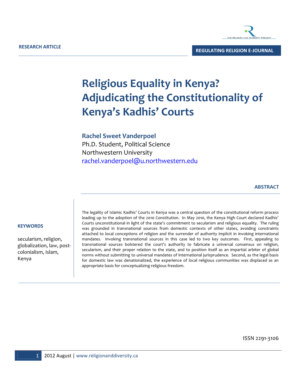 Religious Equality in Kenya? Adjudicating the Constitutionality of Kenya's Kadhis' Courts