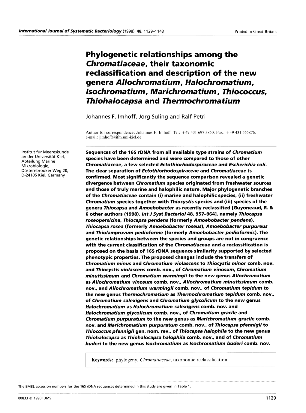 Phylogenetic Relationships Among the Chromatiaceae, Their
