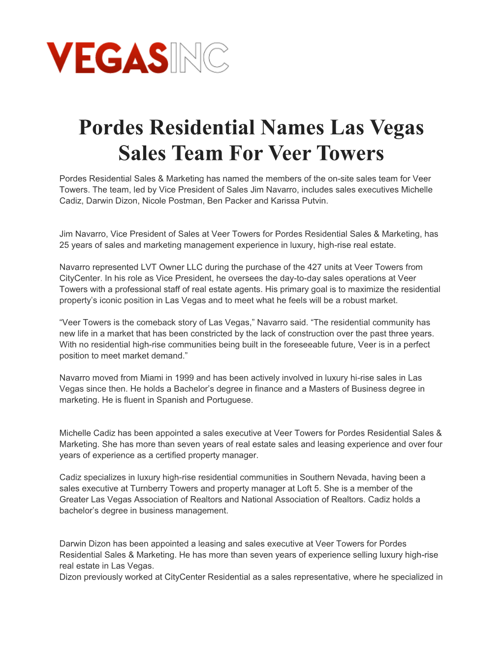 Pordes Residential Names Las Vegas Sales Team for Veer Towers