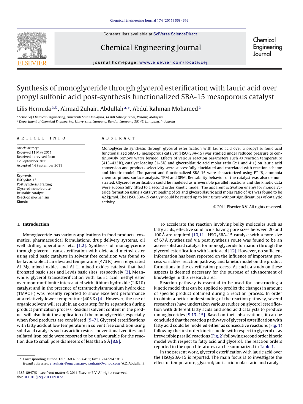 Synthesis of Monoglyceride Through Glycerol Esterification with Lauric