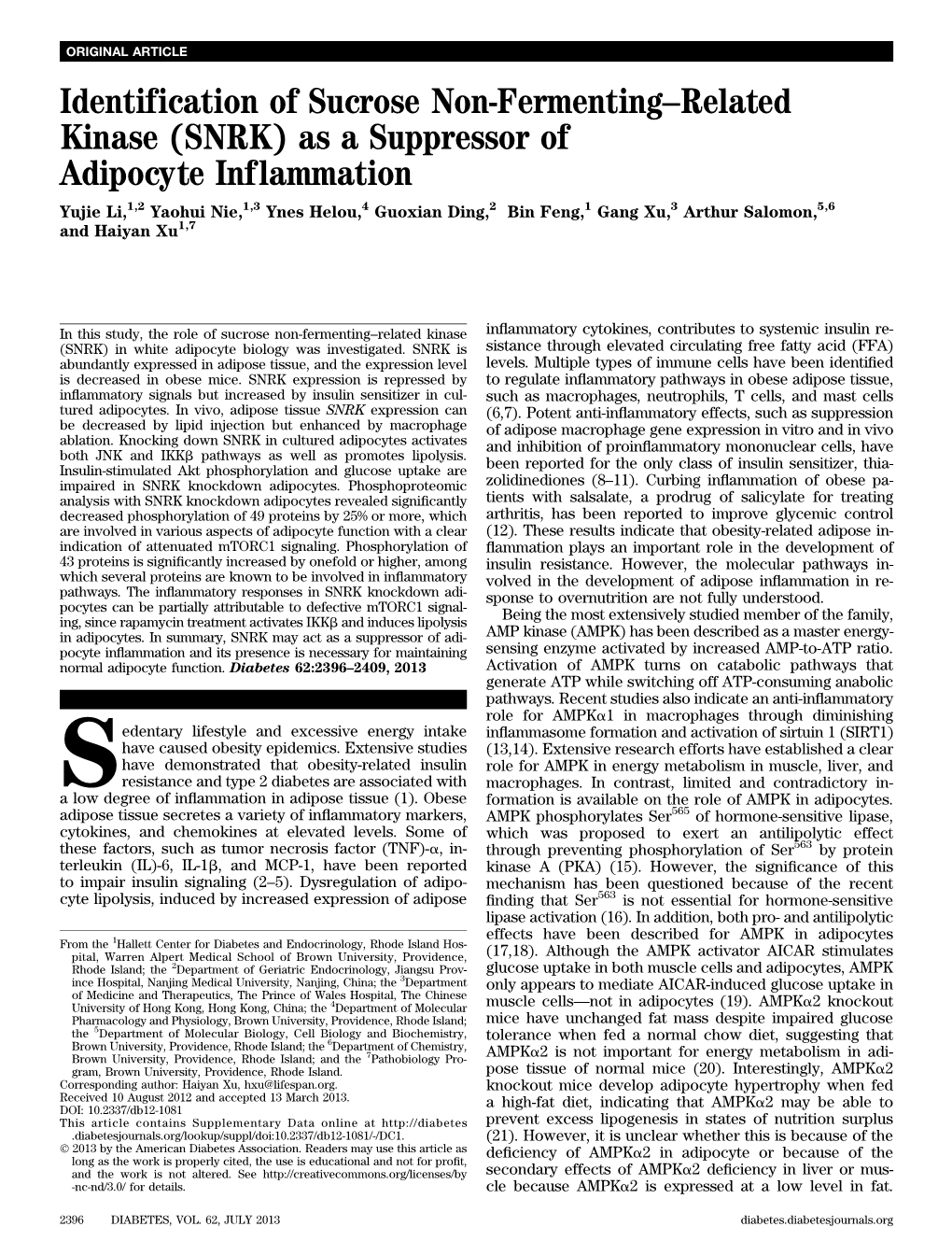 As a Suppressor of Adipocyte Inflammation Yujie Li,1,2 Yaohui Nie,1,3 Ynes Helou,4 Guoxian Ding,2 Bin Feng,1 Gang Xu,3 Arthur Salomon,5,6 and Haiyan Xu1,7