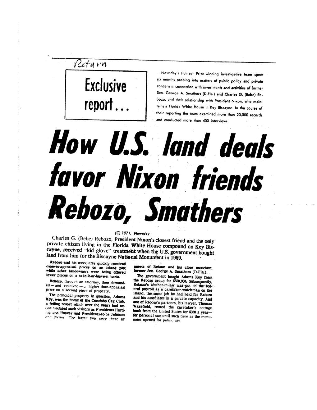 How U.S. Land Deals Favor Nixon Friends Rebozo, Smothers