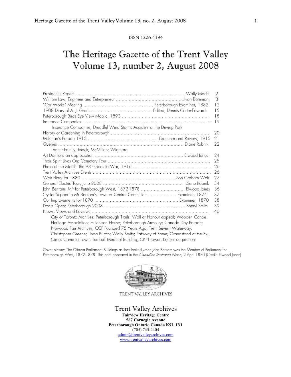 The Heritage Gazette of the Trent Valley Volume 13, Number 2, August 2008