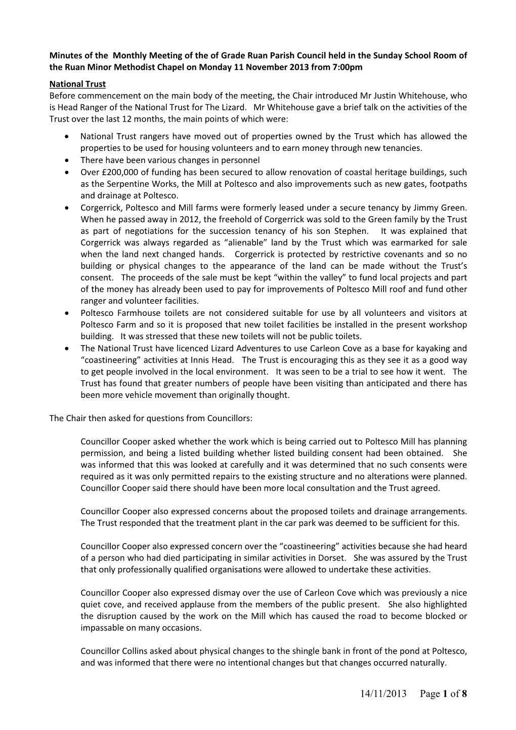 14/11/2013 Page 1 of 8 the Chair Then Asked for Questions from Members of the Public