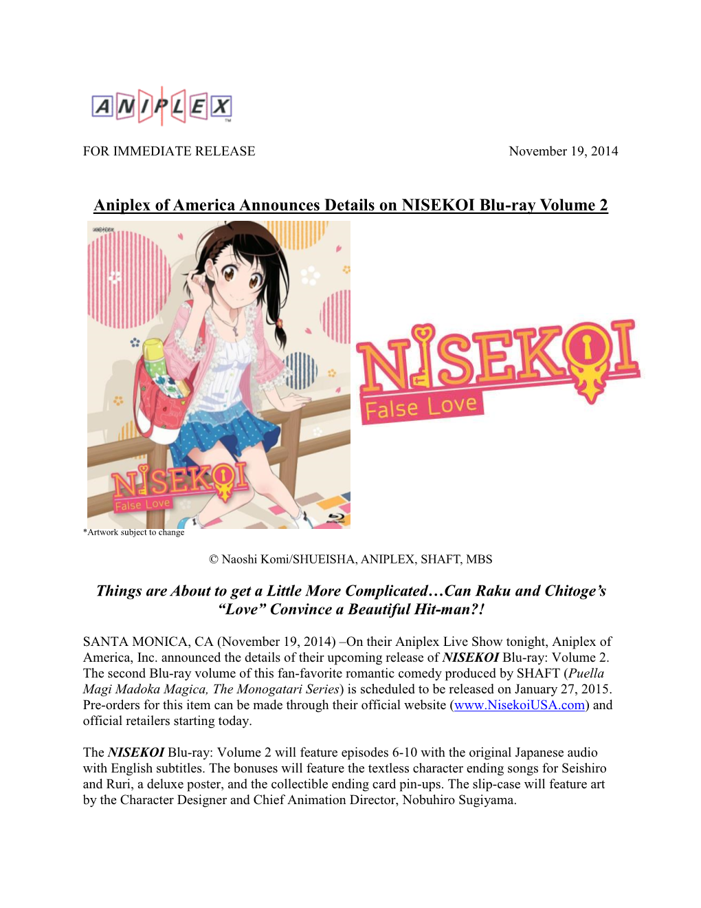 Aniplex of America Announces Details on NISEKOI Blu-Ray Volume 2