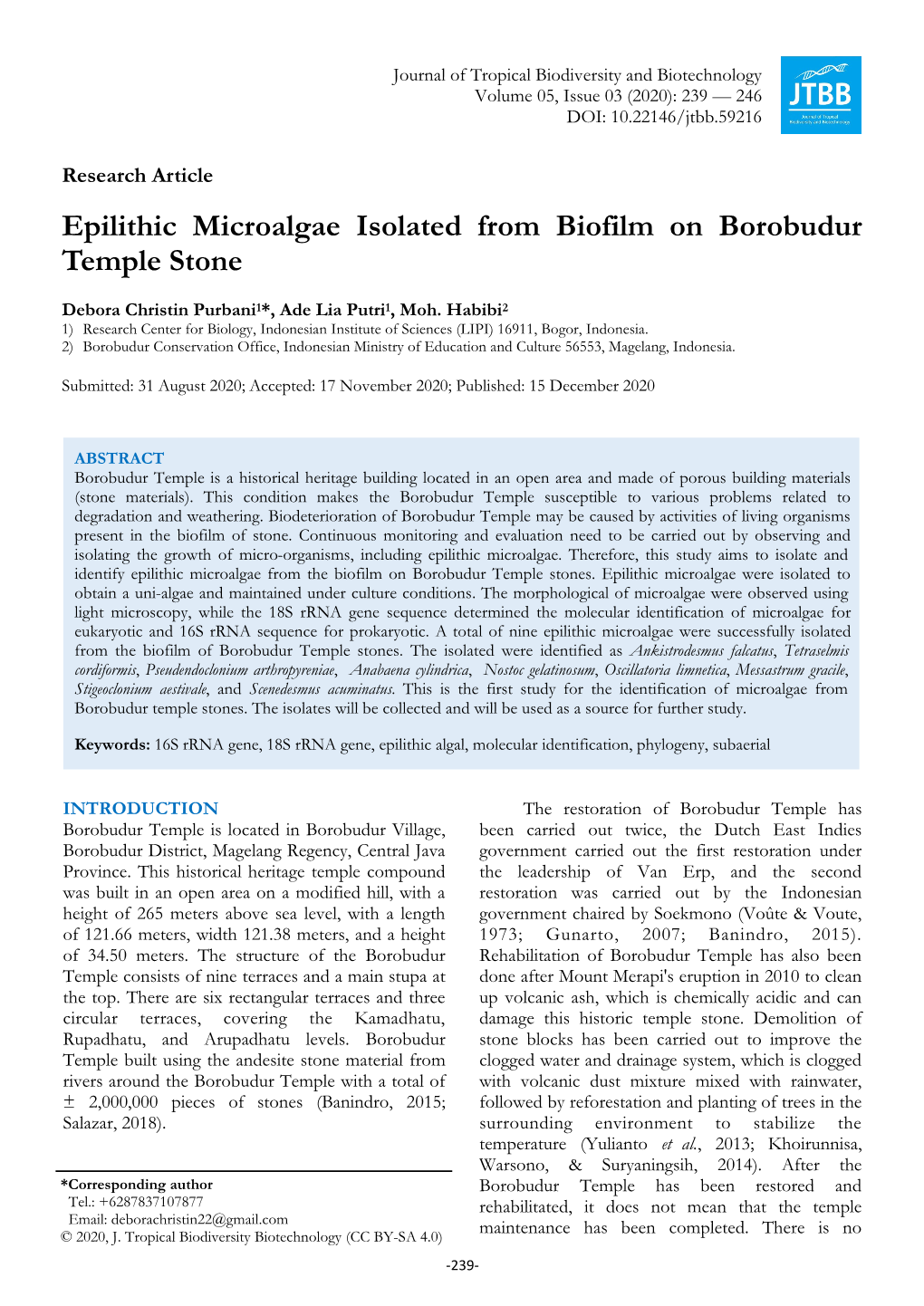 Epilithic Microalgae Isolated from Biofilm on Borobudur Temple Stone