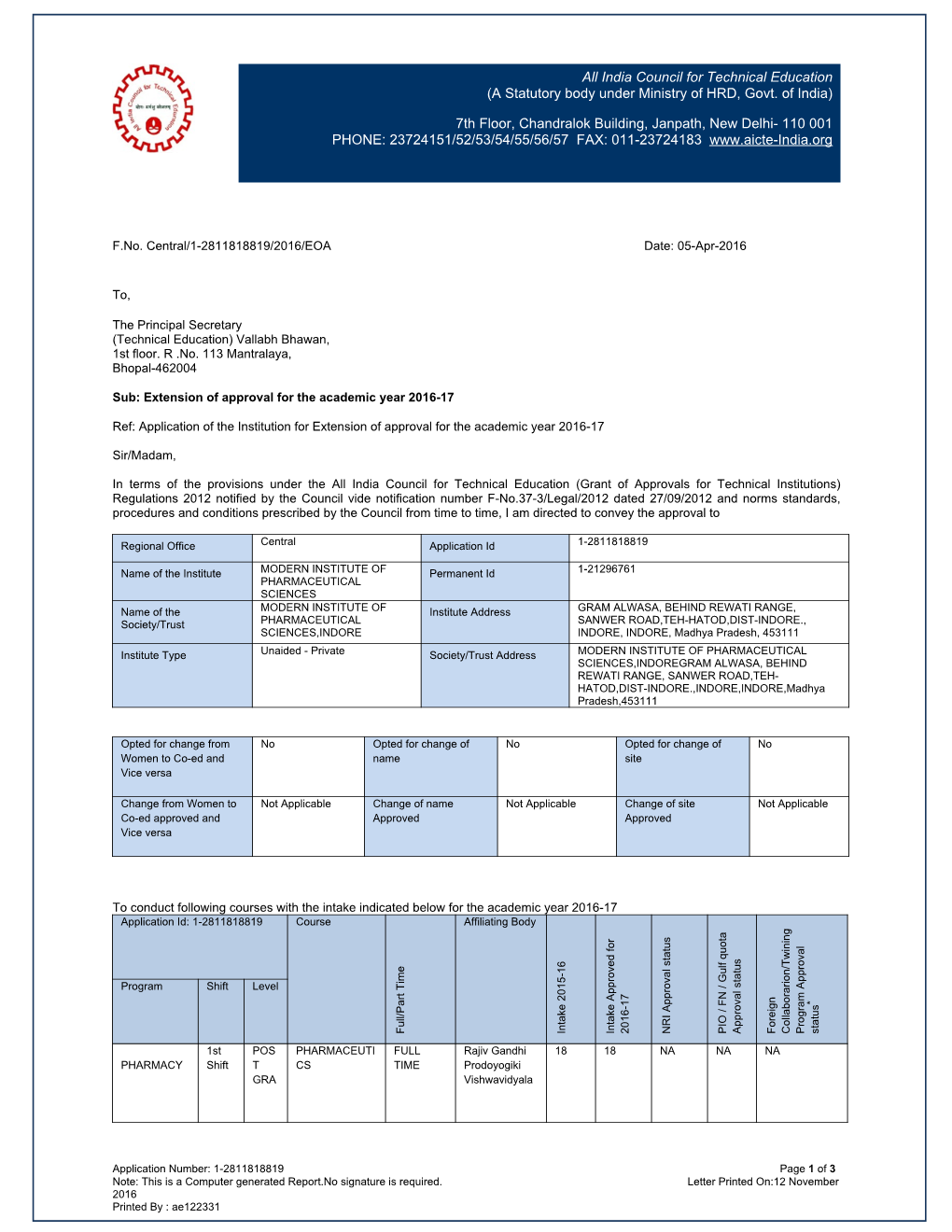 India Council for Technical Education (A Statutory Body Under Ministry of HRD, Govt