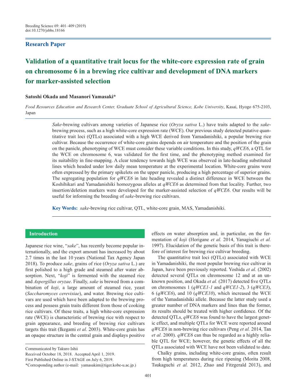 Validation of a Quantitative Trait Locus for the White-Core Expression Rate Of