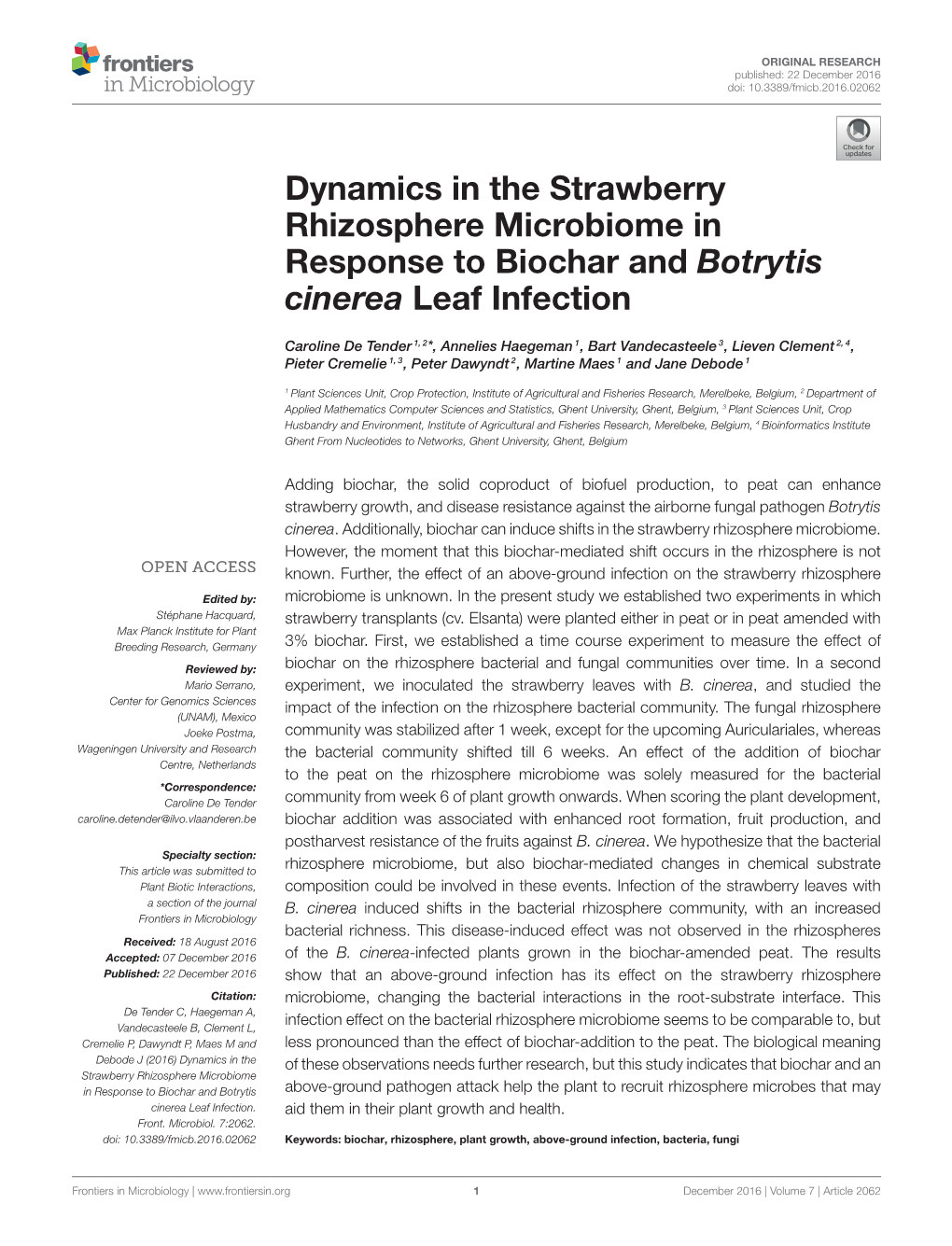 Dynamics in the Strawberry Rhizosphere Microbiome in Response to Biochar and Botrytis Cinerea Leaf Infection