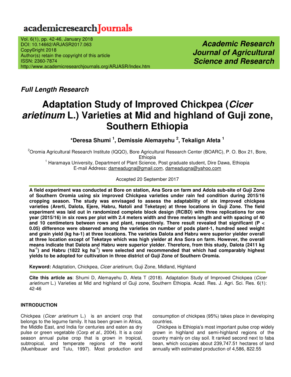 Adaptation Study of Improved Chickpea (Cicer Arietinum