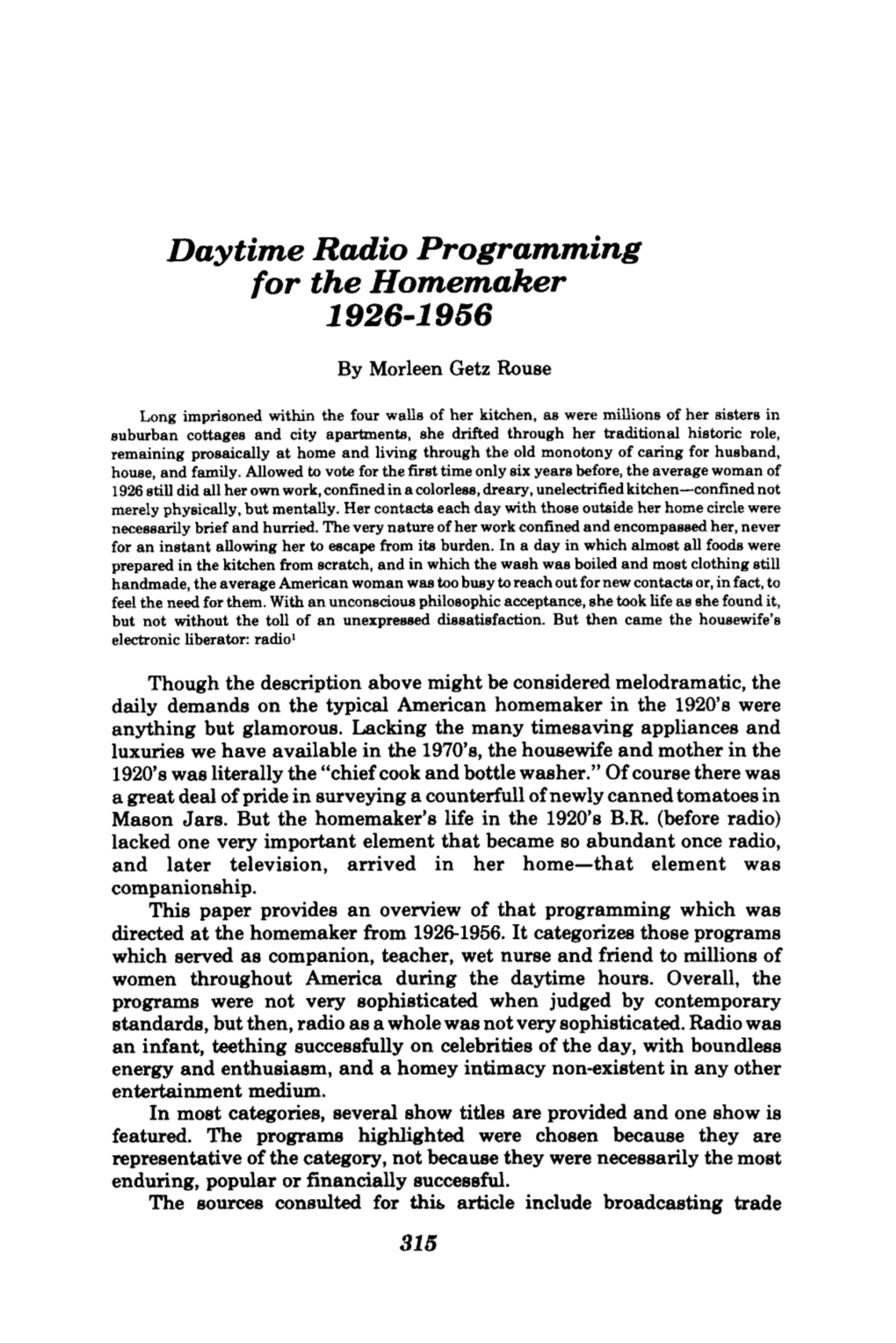 Daytime Radio Programming for the Homemaker 1926-1956