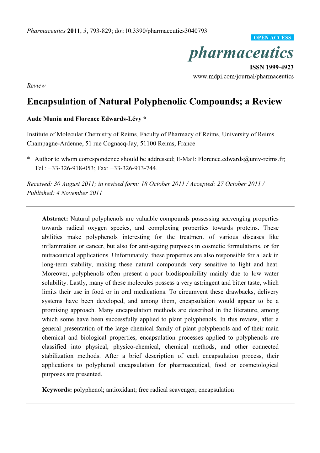 Encapsulation of Natural Polyphenolic Compounds; a Review