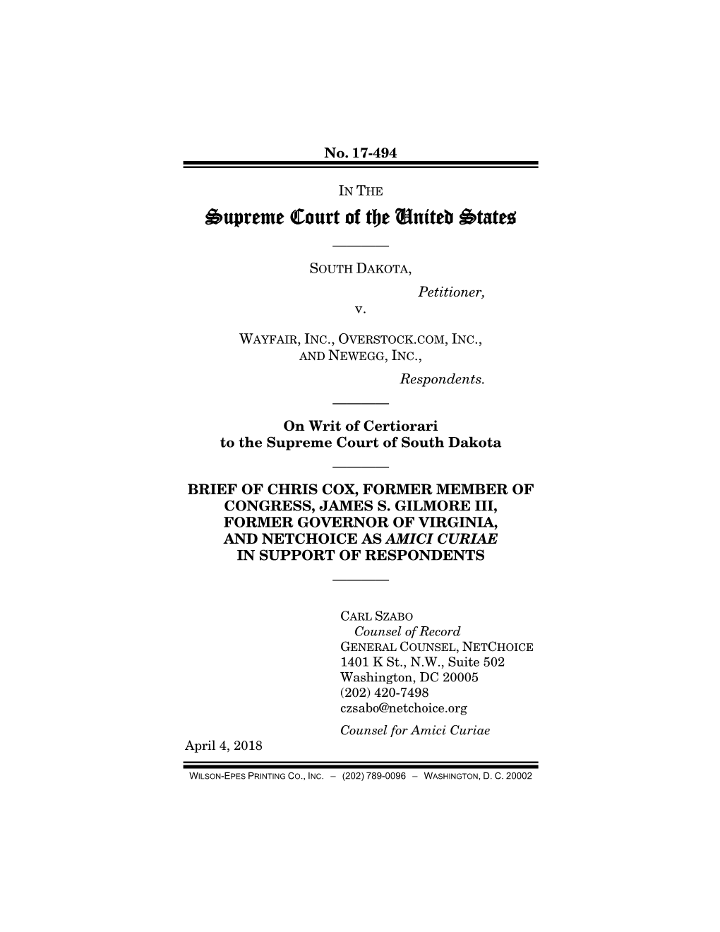 Supreme Court of the United States ———— SOUTH DAKOTA, Petitioner, V