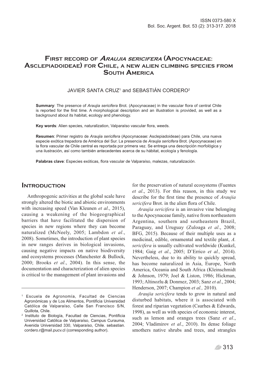 First Record of Araujia Sericifera for Chile