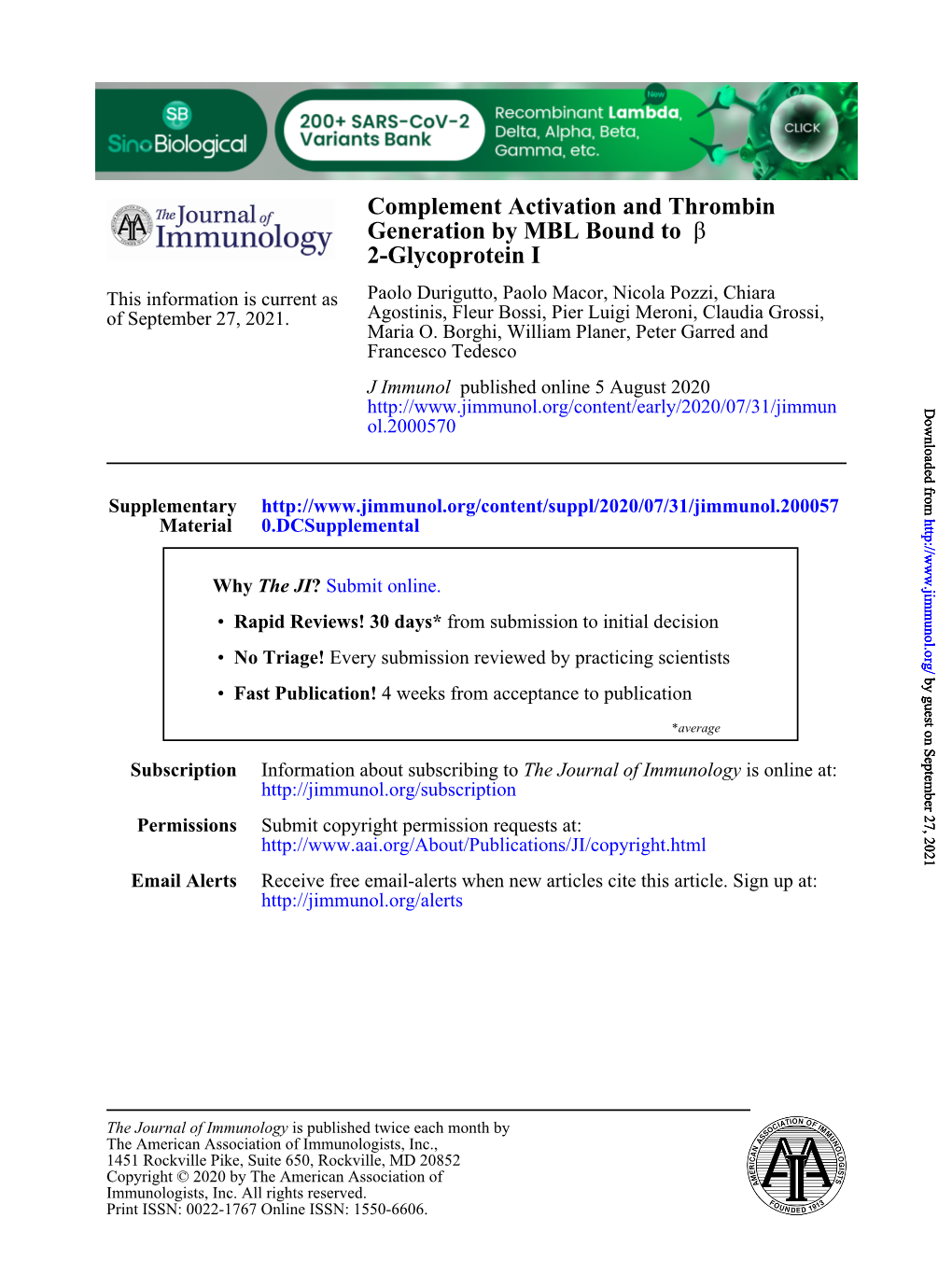 Complement Activation and Thrombin Generation by MBL Bound to Β2