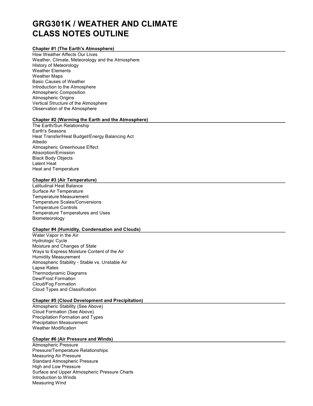 Grg301k / Weather and Climate Class Notes Outline