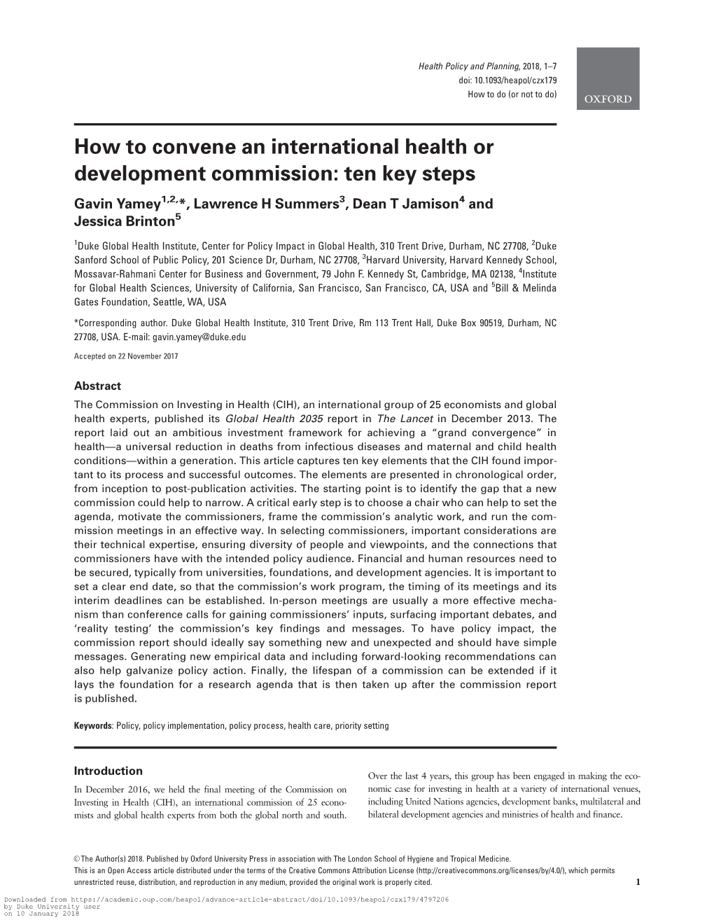 How to Convene an International Health Or Development Commission: Ten Key Steps Gavin Yamey1,2,*, Lawrence H Summers3, Dean T Jamison4 and Jessica Brinton5