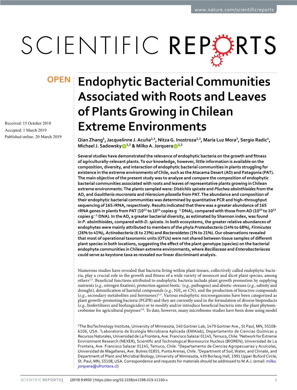 Endophytic Bacterial Communities Associated with Roots and Leaves of Plants Growing in Chilean Extreme Environments
