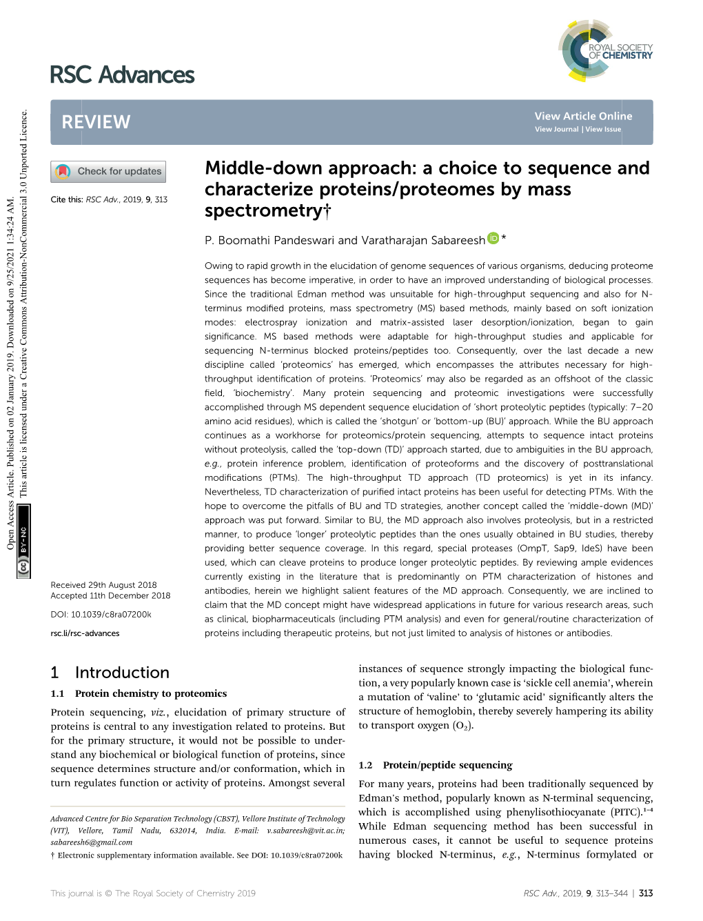 A Choice to Sequence and Characterize Proteins/Proteomes by Mass Cite This: RSC Adv.,2019,9,313 Spectrometry†