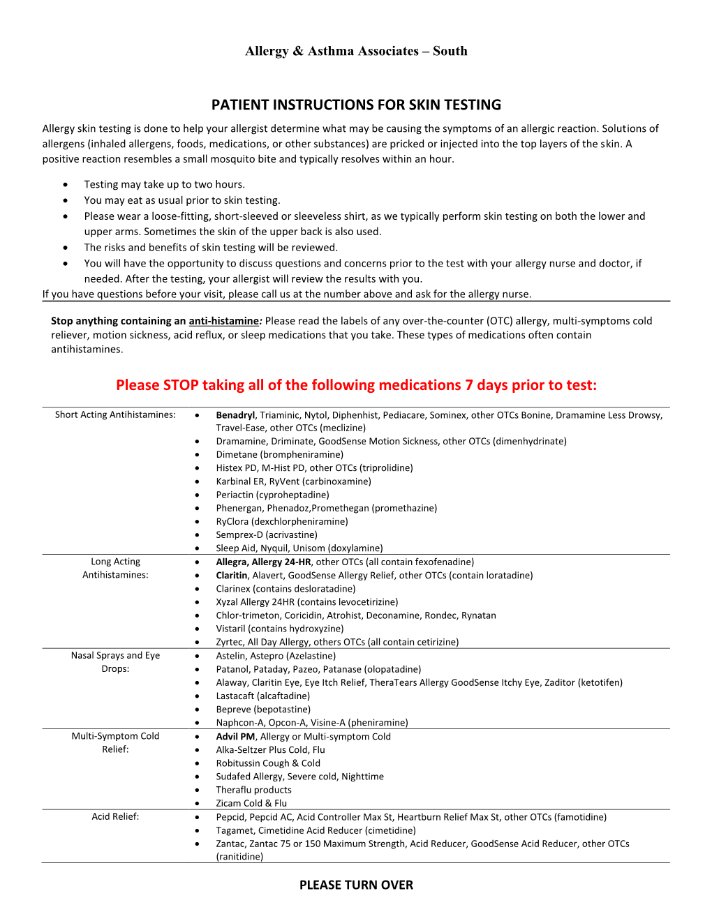 Skin Testing Patient Instructions