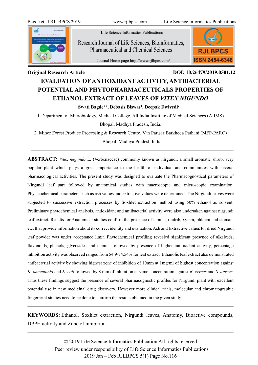 Evaluation of Antioxidant Activity, Antibacterial Potential and Phytopharmaceuticals Properties of Ethanol Extract of Leaves Of