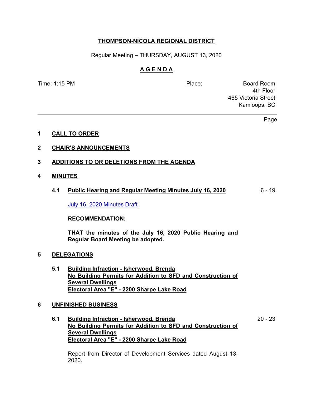 Board of Directors Regular Meeting Thursday, August 13, 2020