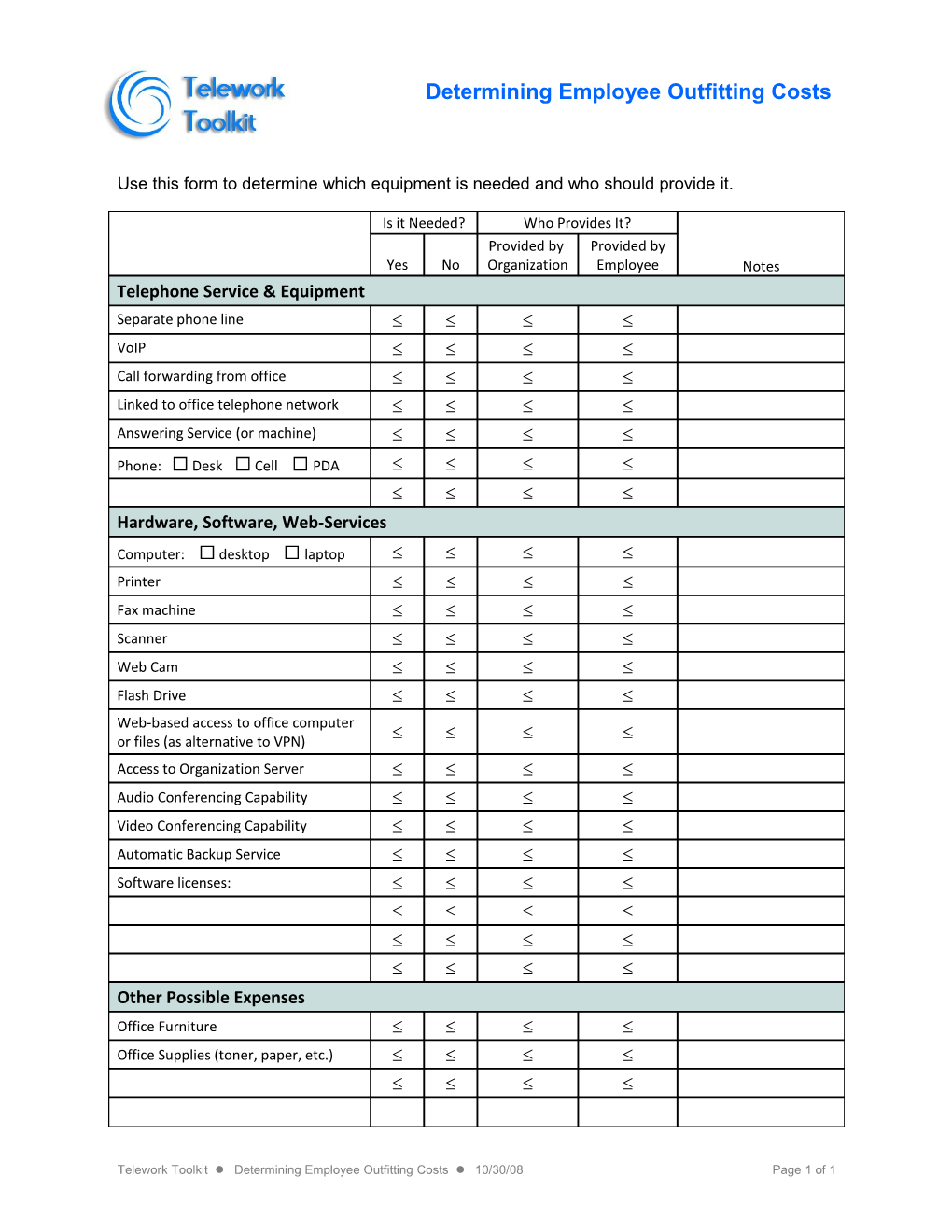 Use This Form to Determine Which Equipment Is Needed and Who Should Provide It