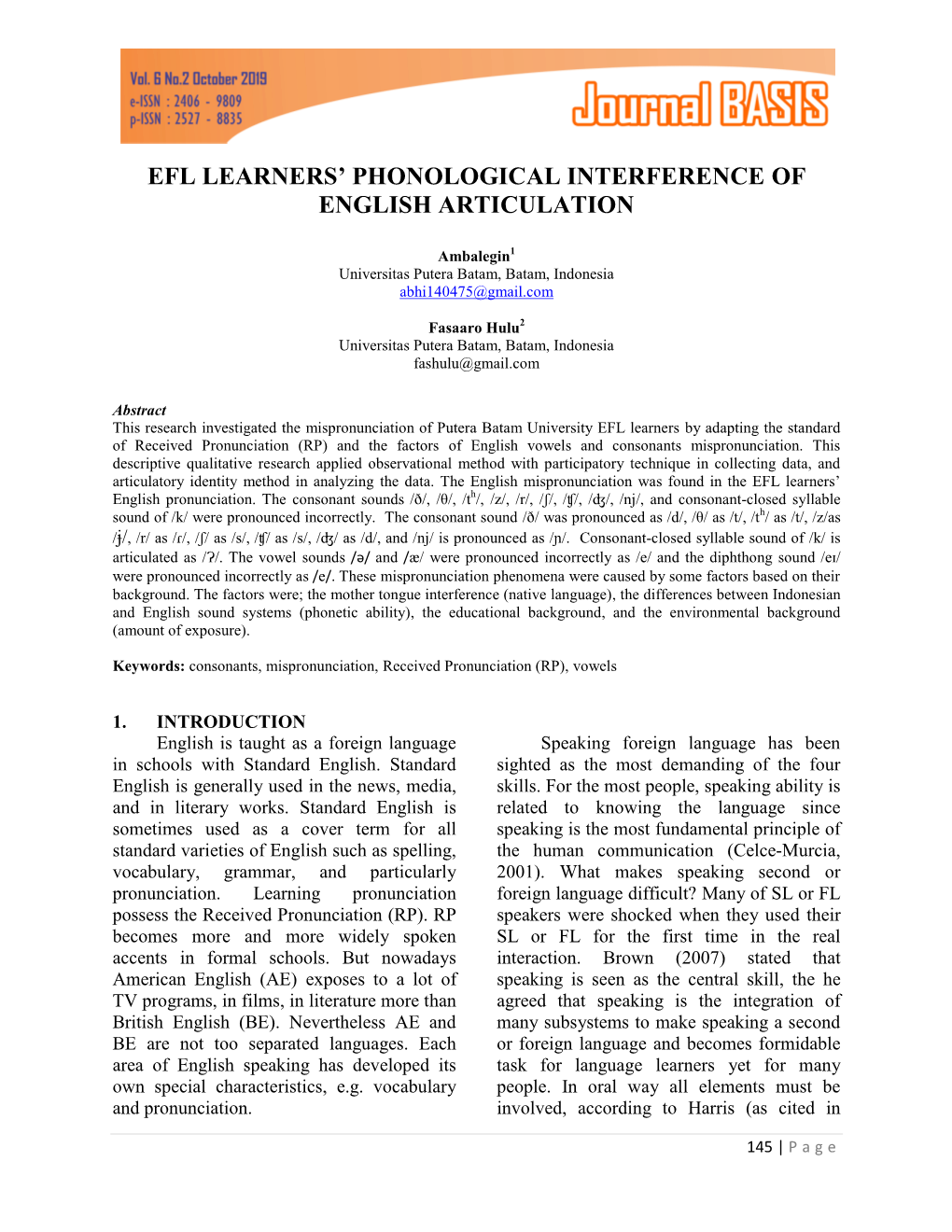 Efl Learners' Phonological Interference of English