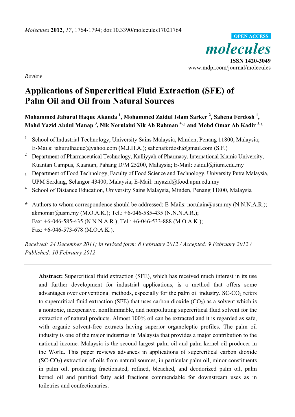 Applications of Supercritical Fluid Extraction (SFE) of Palm Oil and Oil from Natural Sources