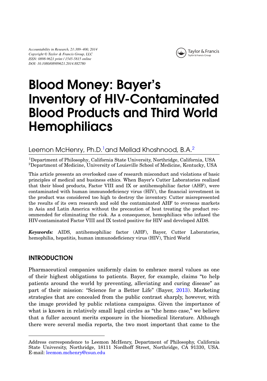 Blood Money: Bayer's Inventory of HIV-Contaminated Blood Products