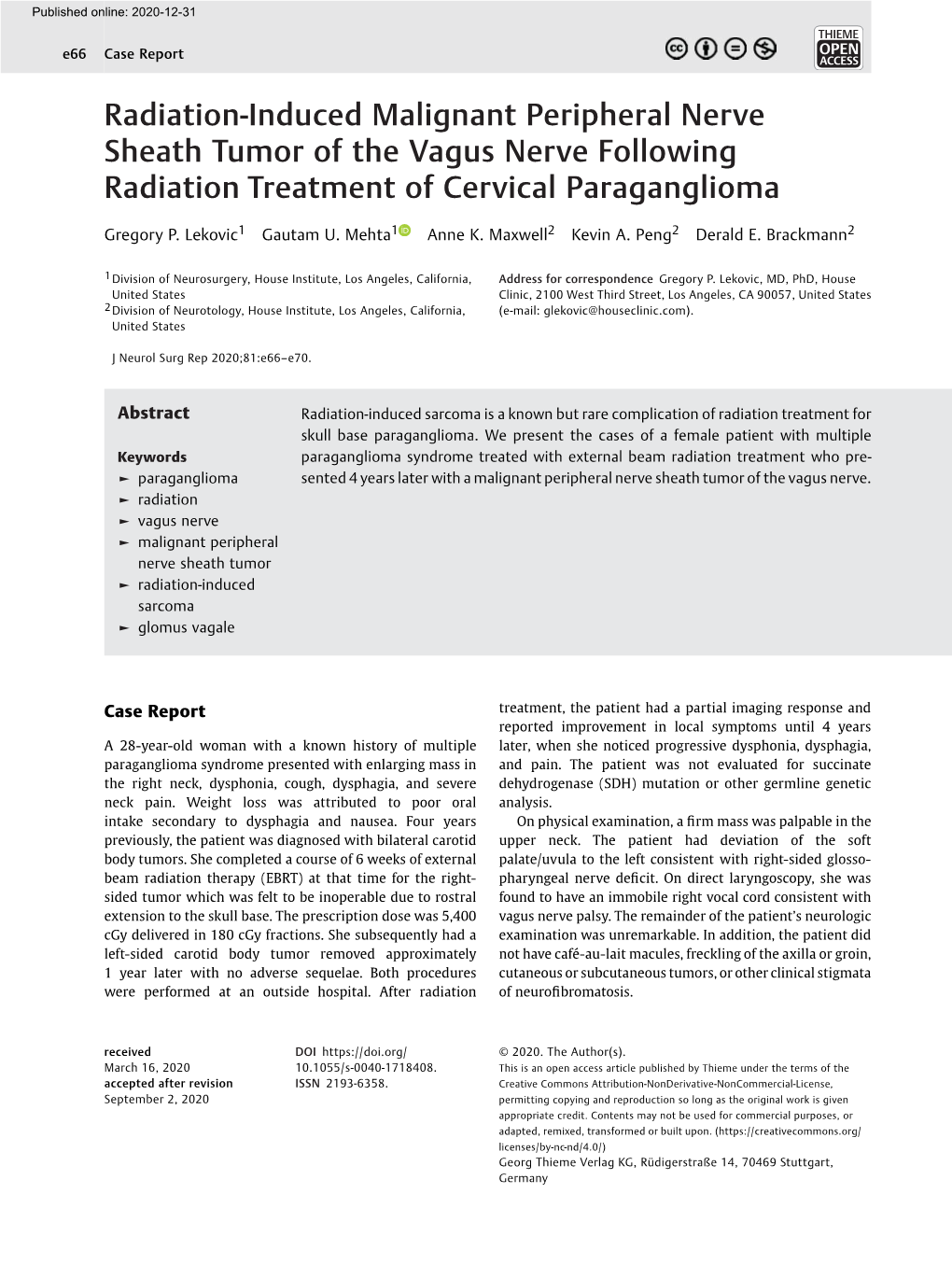 Radiation-Induced Malignant Peripheral Nerve Sheath Tumor of the Vagus Nerve Following Radiation Treatment of Cervical Paraganglioma