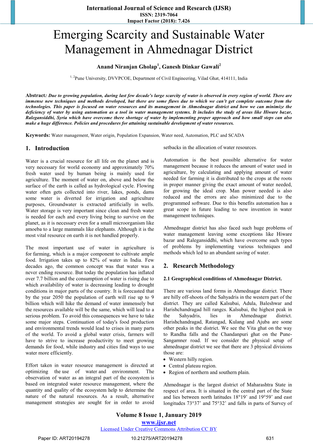 Emerging Scarcity and Sustainable Water Management in Ahmednagar District