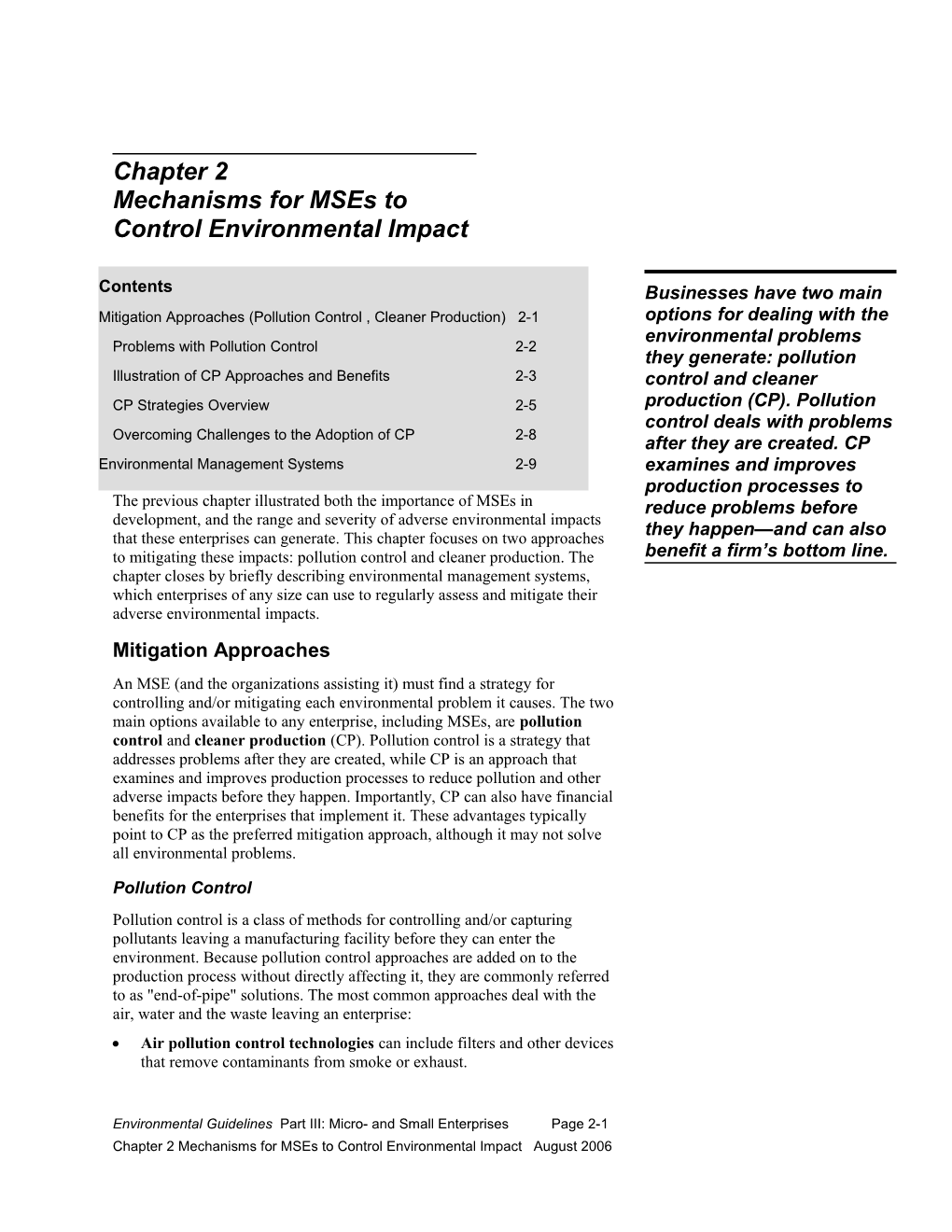 Chapter 2 Mechanisms for Mses to Control Environmental Impact