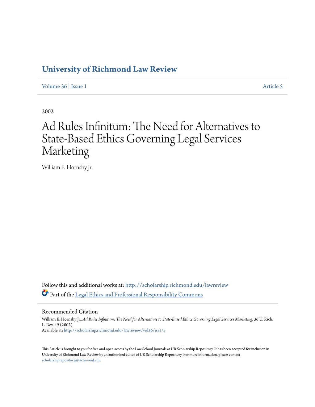 Ad Rules Infinitum: the Need for Alternatives to State-Based Ethics Governing Legal Services Marketing, 36 U
