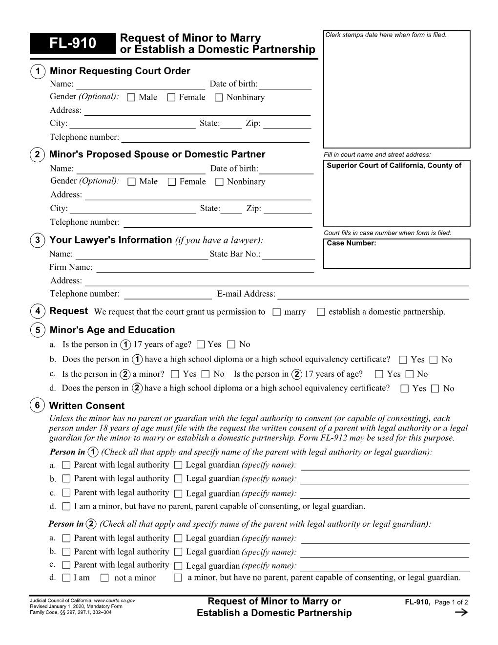 FL-910 Request of Minor to Marry Or Establish a Domestic Partnership