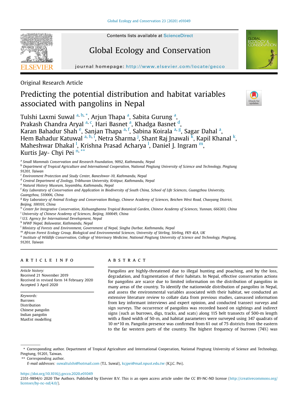 Predicting the Potential Distribution and Habitat Variables Associated with Pangolins in Nepal