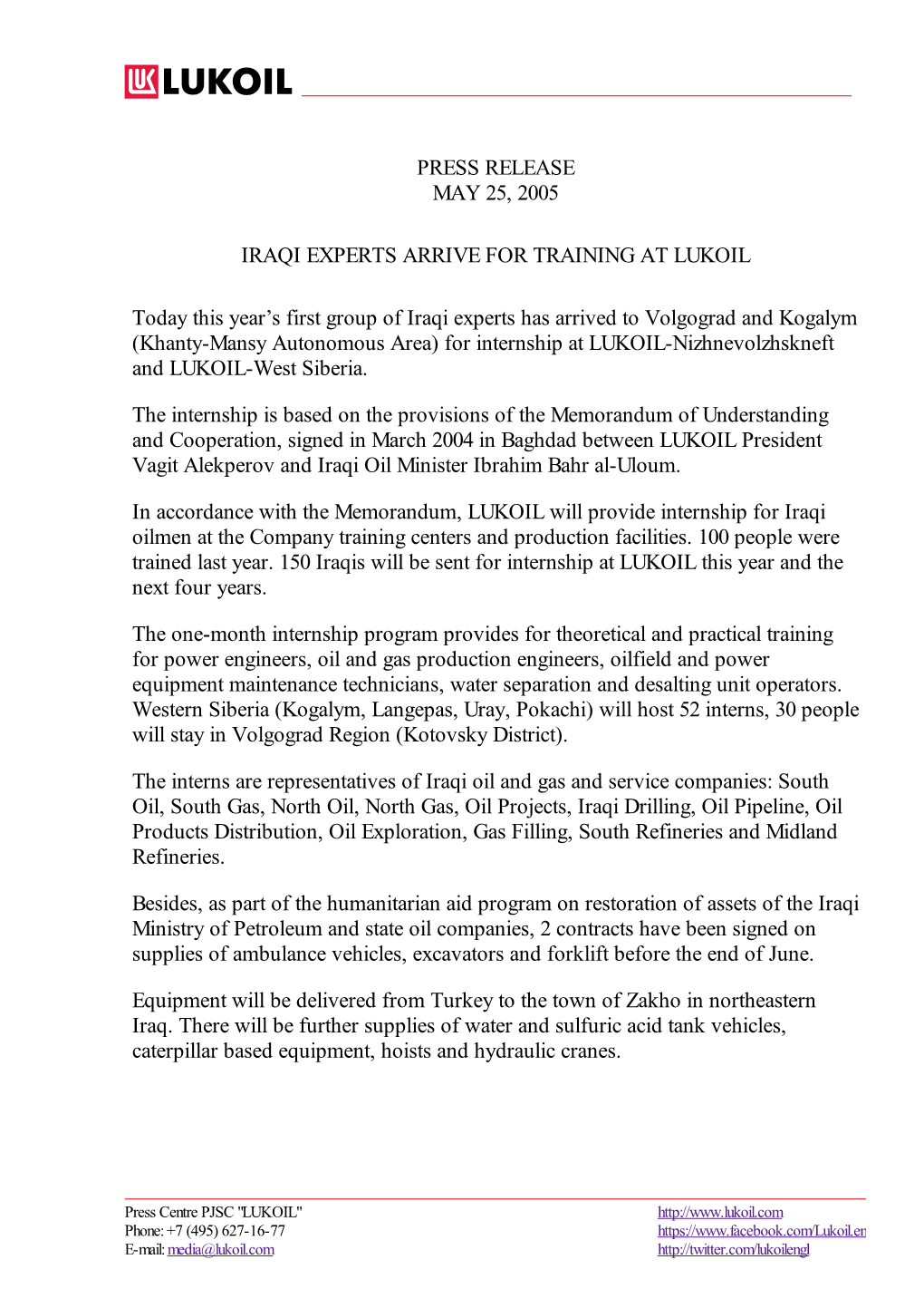 Press Release May 25, 2005 Iraqi Experts Arrive For