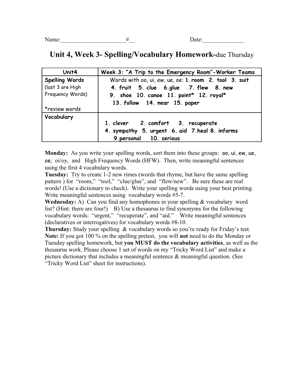 Unit 4, Week 3- Spelling/Vocabulary Homework- Due Thursday