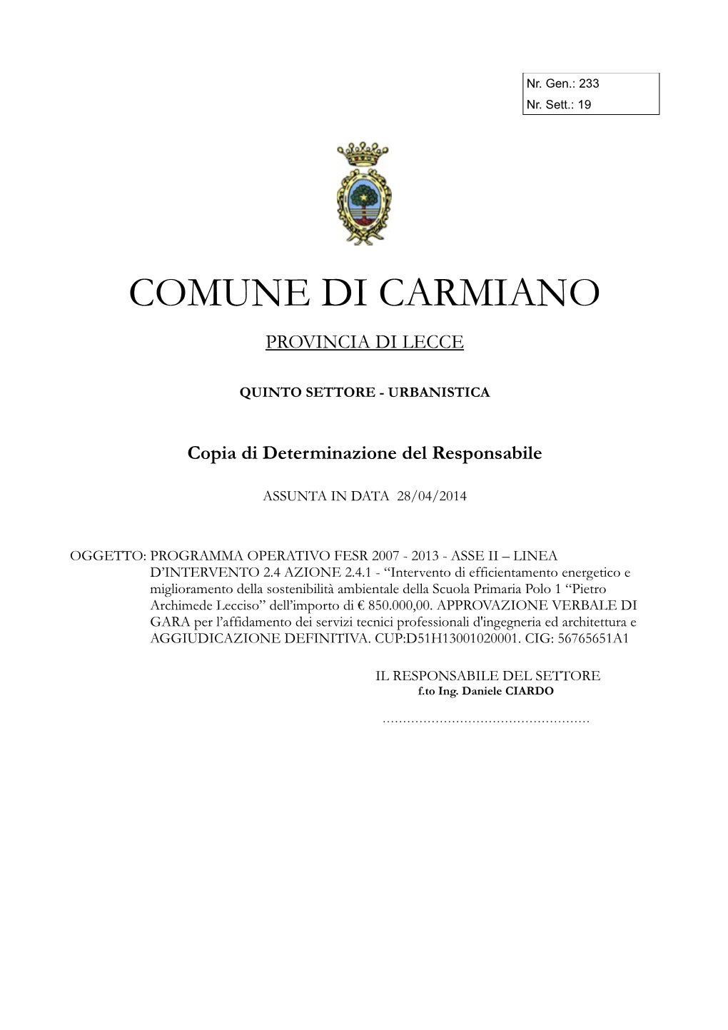 Comune Di Carmiano Provincia Di Lecce