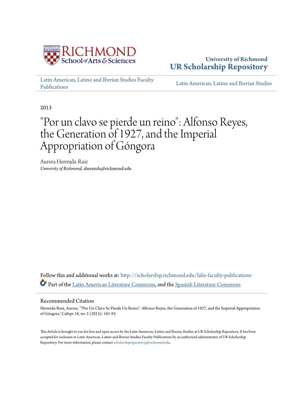 "Por Un Clavo Se Pierde Un Reino": Alfonso Reyes, the Generation of 1927, and the Imperial Appropriation of Góngora