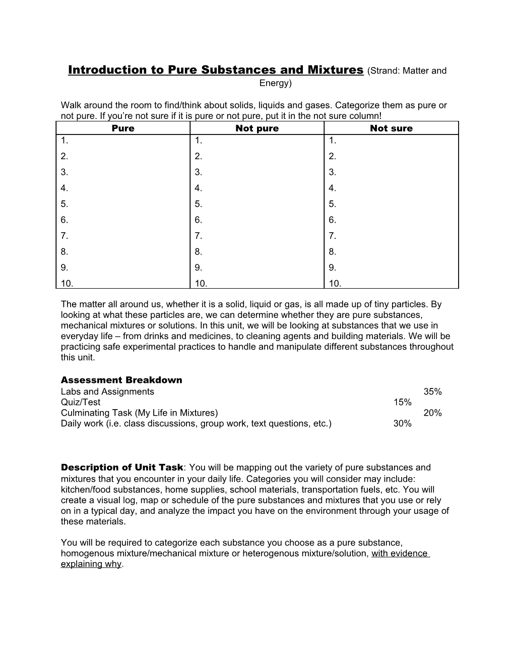 Introduction to Pure Substances and Mixtures (Strand: Matter and Energy)