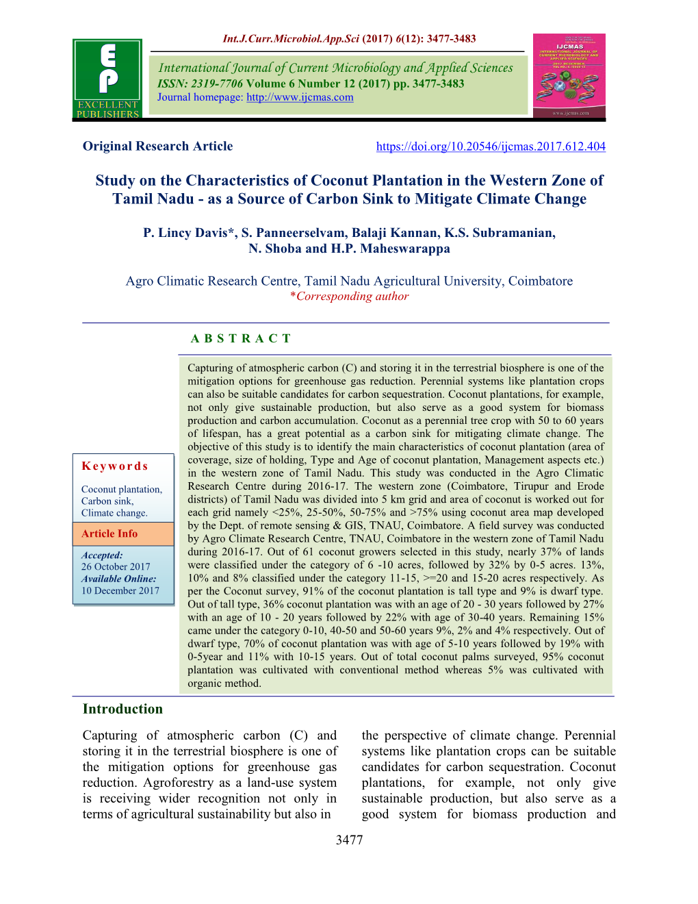 Study on the Characteristics of Coconut Plantation in the Western Zone of Tamil Nadu - As a Source of Carbon Sink to Mitigate Climate Change